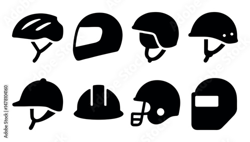 Various black helmet silhouettes in different styles
