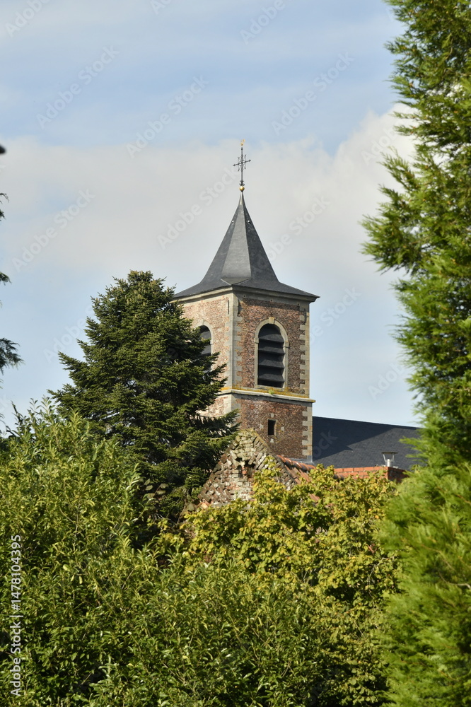 Fototapeta premium Le clocher de l'église Saint-Rémi émergeant de la végétation à Écaussinnes-d'Enghien 
