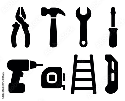 Silhouette icons of various hand tools and equipment
