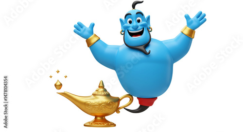 Cheerful Genie emerging from a golden lamp granting wishes vibrant 3D render joyful expression