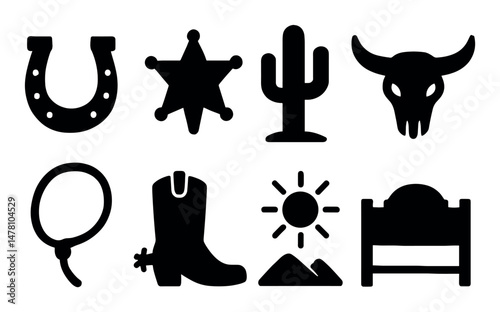 Wild west icons set: horseshoe, cactus, skull, lasso, boot, sun, sheriff badge
