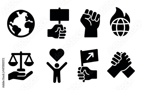 Social and environmental justice icons: earth, equality, activism symbols