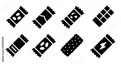 Various chocolate and snack bar icons in simple black silhouettes