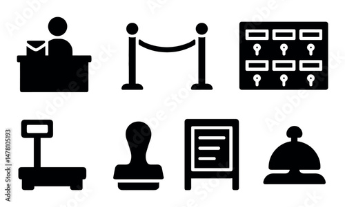 Post office symbols: counter, queue, lockers, scale, stamp, bell