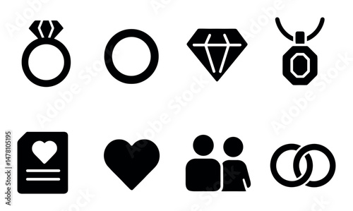 Set of wedding icons: ring, diamond, necklace, heart, couple