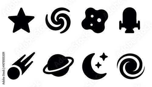 Space icons: star, galaxy, planet, rocket, comet, moon, spiral
