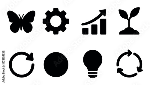 Black silhouette icons: butterfly, gear, growth, recycling, lightbulb