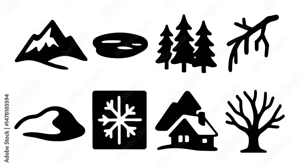 Fototapeta premium Nature symbols: mountains, forests, trees, winter, and snowflakes