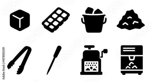 Various ice cube icons including tongs, grater, and bucket on white background