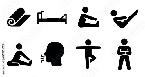 Fitness and yoga icons set – solid, silhouette, isolated workout and exercise symbols