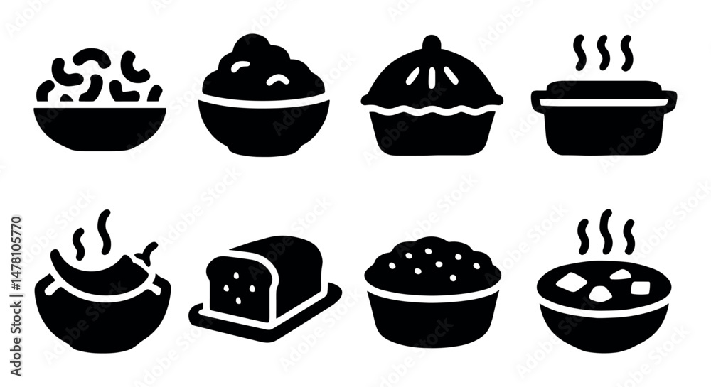 Fototapeta premium Black and white icons of various foods and dishes in silhouette style