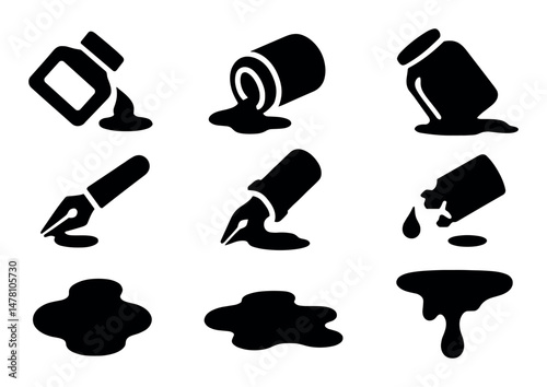 Black ink spill icons with pens and jars on white background