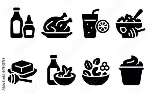 Silhouette icons of food and drinks: chicken, salad, juice, condiments, honey, butter