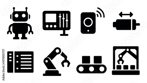 Industrial automation icon set – robot, control devices, conveyor