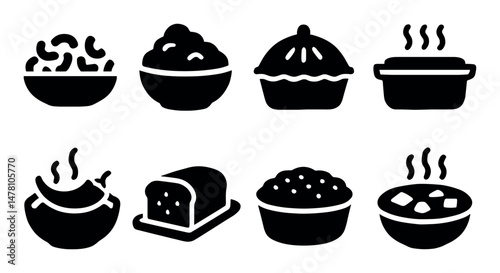 Black and white icons of various foods and dishes in silhouette style