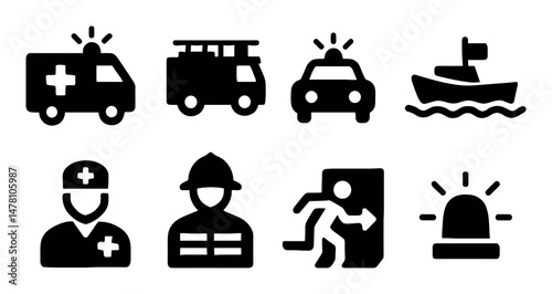Emergency vehicles and personnel icons in black and white silhouettes