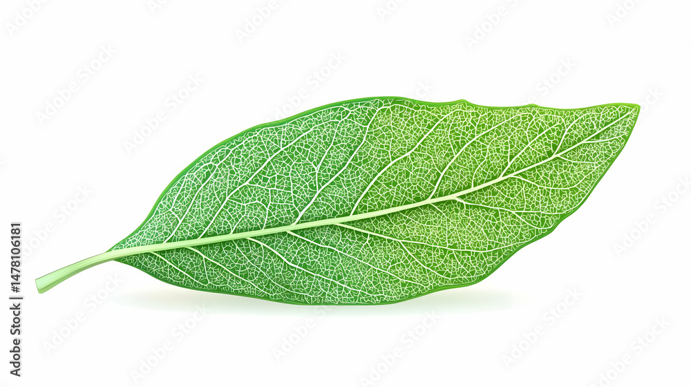 Obraz premium Close-up of a single, vibrant green leaf, showcasing intricate vein patterns. The leaf is isolated against a pure white background, highlighting its delicate structure
