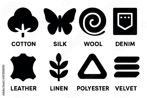 Icons of cotton, silk, wool, denim, leather, linen, polyester, velvet