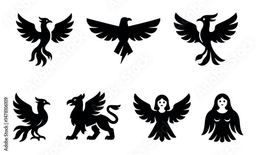 Mythical creature silhouettes: phoenix, griffin, and angelic figures