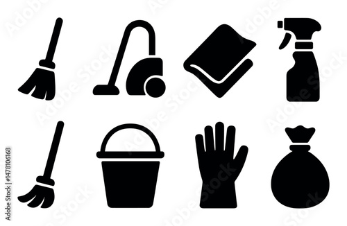 Cleaning tools icons set – solid, filled, silhouette household supplies collection
