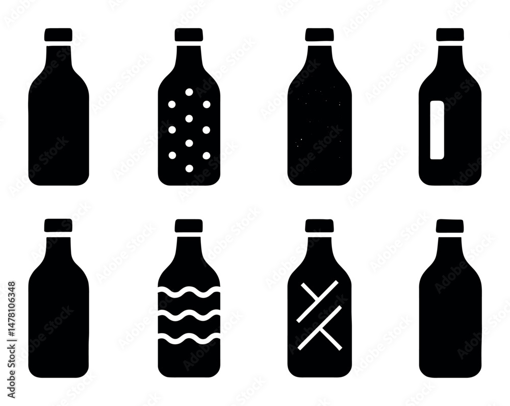 Eight black bottle silhouettes with various patterns and designs Eight black bottle silhouettes with various patterns and designs