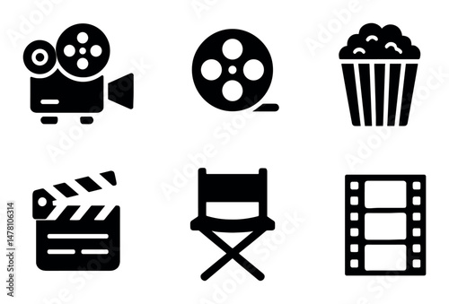 Vintage cinema icons: projector, film reel, popcorn, director’s chair