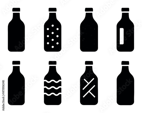 Eight black bottle silhouettes with various patterns and designs
