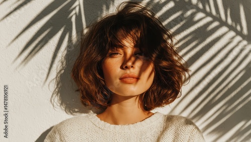 Young woman with brown hair basking in sunlight. Palm leaf shadows fall on her face and cream-colored sweater.