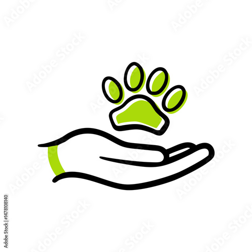Minimalist hand holding a green paw print symbolizing ecology  
