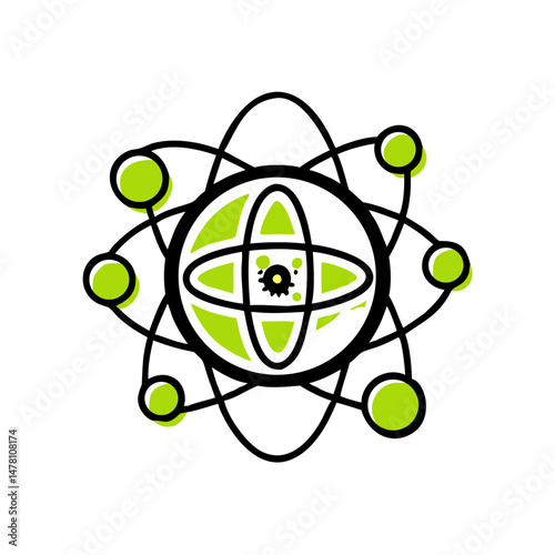 Minimalist illustration of an atom with a toxic symbol and green accents  