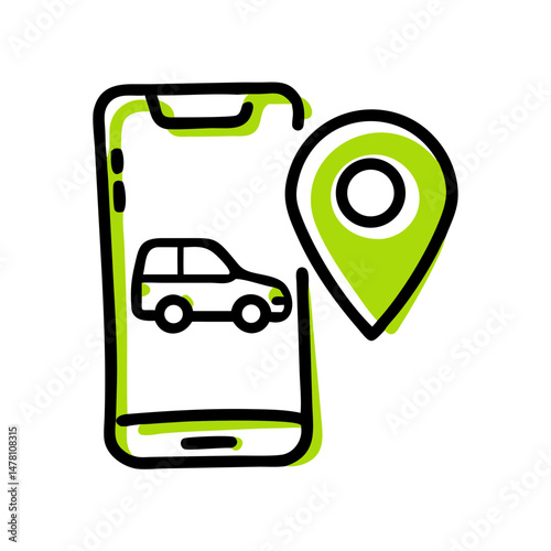 Smartphone displaying car icon with location pin for carsharing concept  