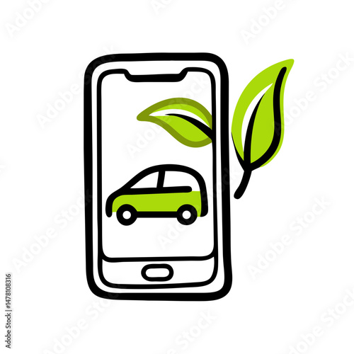 Smartphone showing green car and leaves representing ecology  