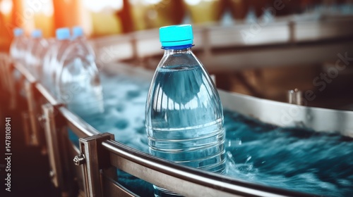 Automated Bottling System with a Plastic Bottle on a Conveyor Belt for Beverage Production
