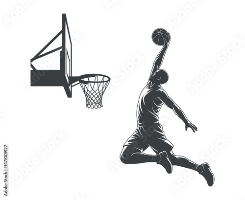 Silhouette of a Basketball Player Executing a Powerful Dunk Shot Towards the Hoop