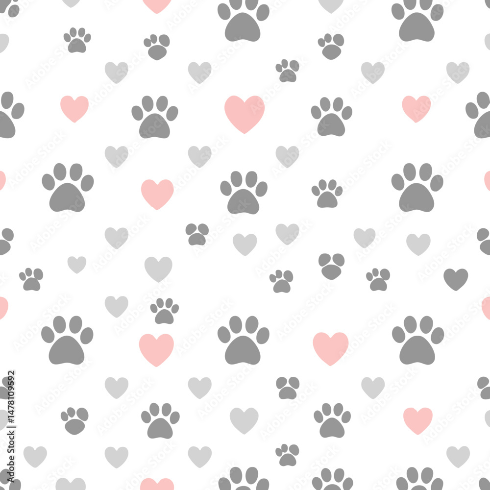 Fototapeta premium Minimalist Pattern Design with Pastel Colors, Dark Gray Paw Prints, Hearts on White, Modern Style