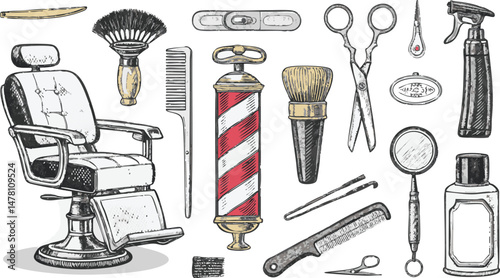 Elegant Line-Art Illustrations of Classic Barber Tools in Black, Red, Silver, and Gold for Branding