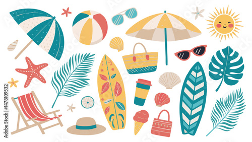 Fun Flat Illustrations of Colorful Beach Items in Tropical Tones for Summer Websites and Products