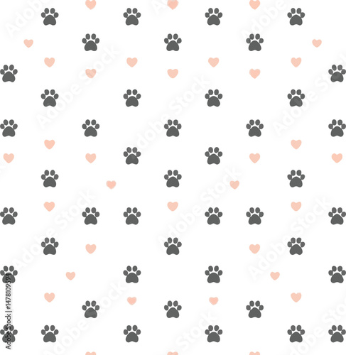 Minimalist Pattern Design with Soft Pastel Colors, Dark Gray Paw Prints and Hearts on White