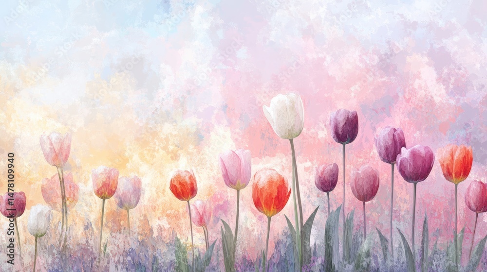 Obraz premium Pastel tulips in a dreamy sunset landscape painting.