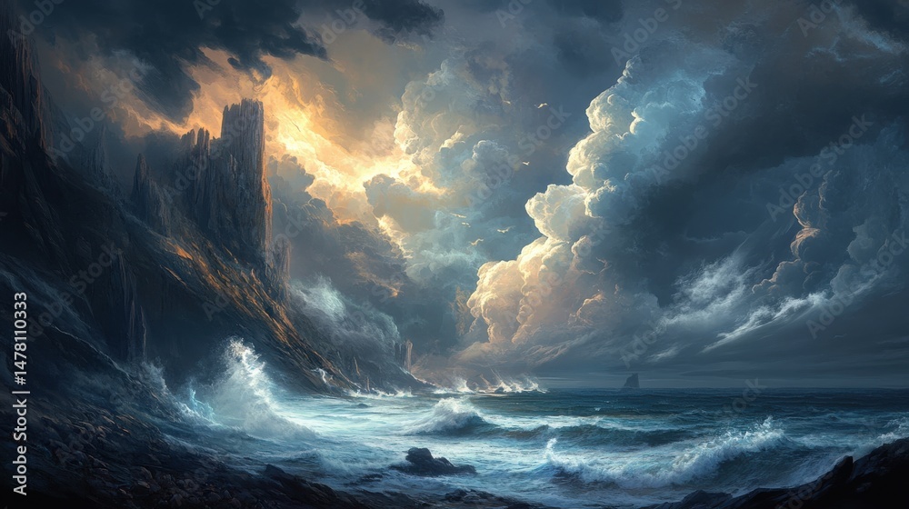 Fototapeta premium Dramatic coastal landscape under a stormy sky.