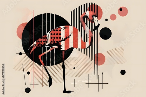 a flamingo in geometric abstract minimalism with red bird shapes, modern art lines, and graphic design in grid patterns