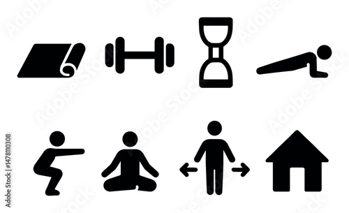 Home workout icons: yoga, weights, exercise, meditation, fitness pictograms