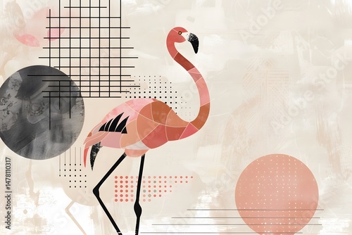 a flamingo in geometric abstract minimalism with red bird shapes, modern art lines, and graphic design in grid patterns