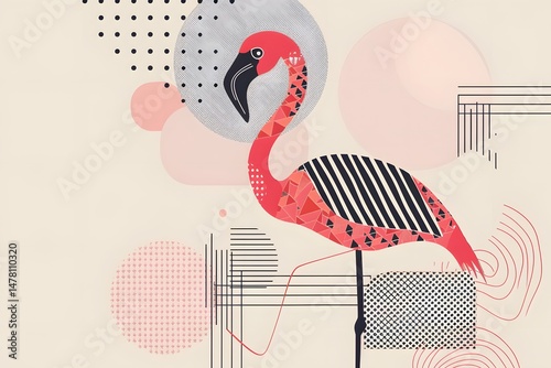a flamingo in geometric abstract minimalism with red bird shapes, modern art lines, and graphic design in grid patterns