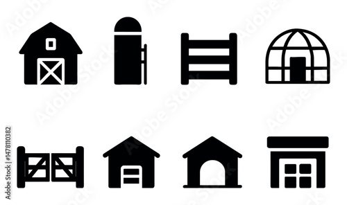 Set of farm and agriculture icons: barns, fences, silos, greenhouse