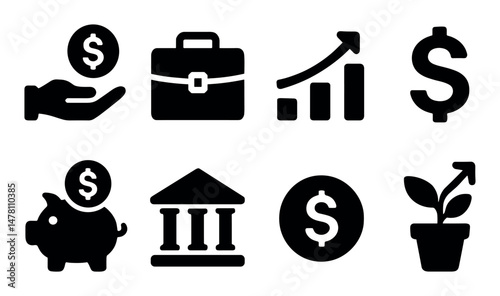 Financial icons: growth, savings, dollar, investment, bank