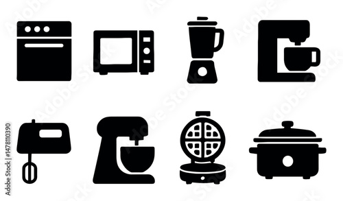 Set of eight black kitchen appliance icons on white background