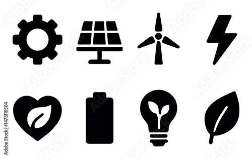 Eco icons: solar, wind, energy, nature, battery, leaf, gear, heart