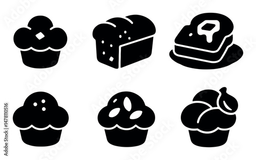 Black silhouettes of muffins, bread, pancakes, and cupcakes