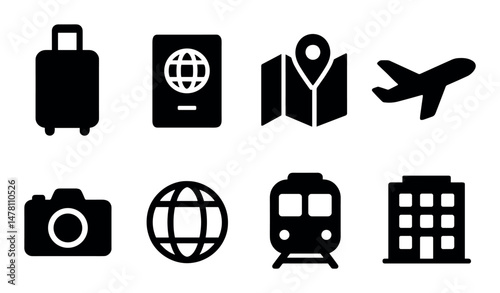 Travel icons: suitcase, passport, map, airplane, camera, train